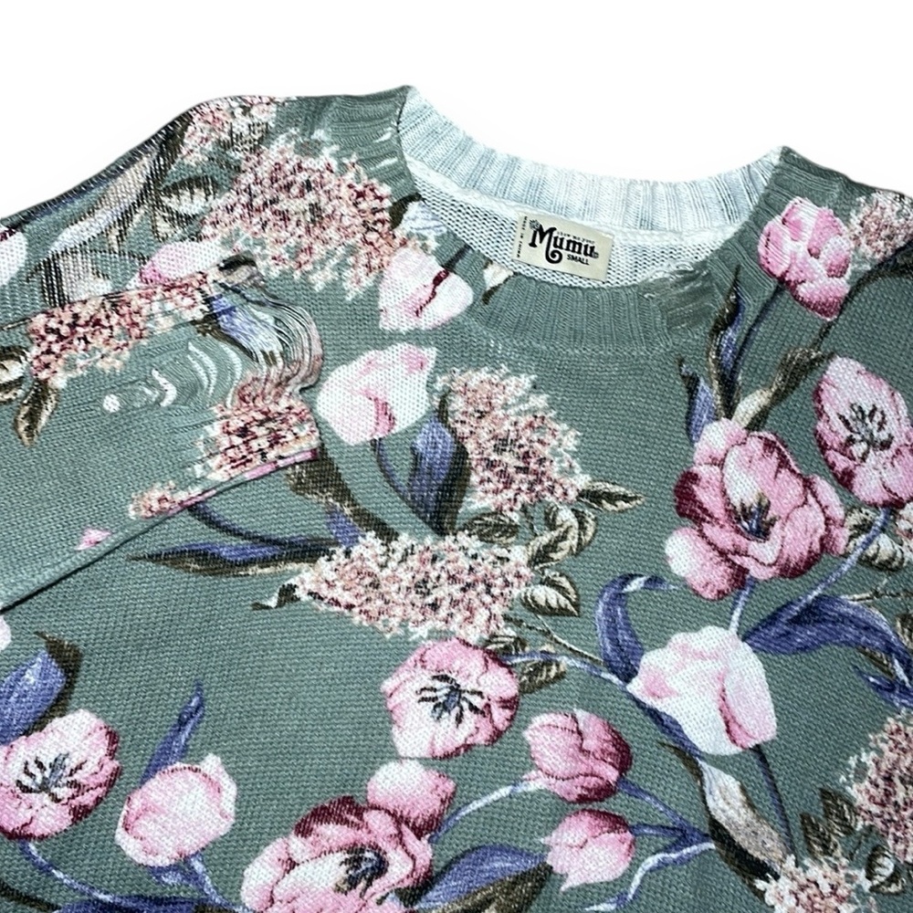 Show Me Your Mumu Cropped Varsity Sweater Women Sm Green Floral Primavera Knit